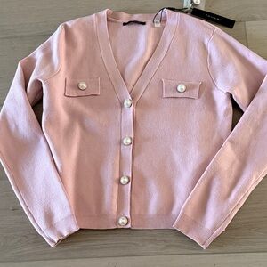 Tahari Light Pink Button-Up Cardigan with Pearl Buttons